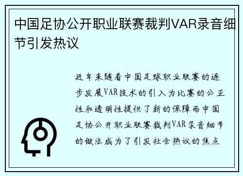 中国足协公开职业联赛裁判VAR录音细节引发热议
